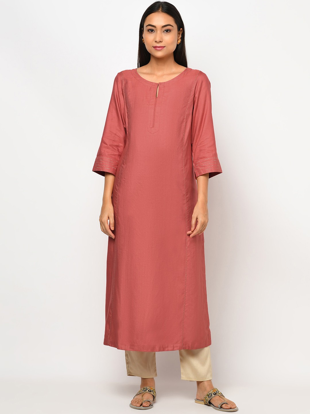 

Fabindia Women Coral Pink Keyhole Neck Kurta