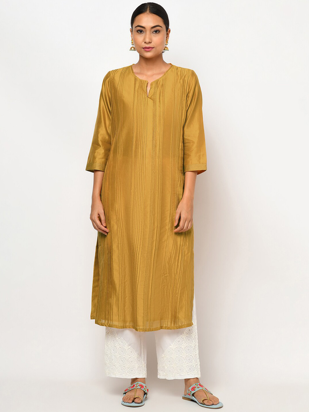 

Fabindia Women Mustard Yellow Keyhole Neck Kurta