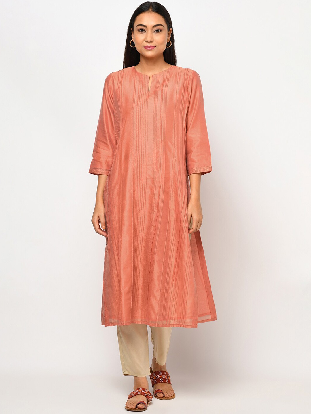 

Fabindia Women Peach Flared Sleeves Thread Work Kurta