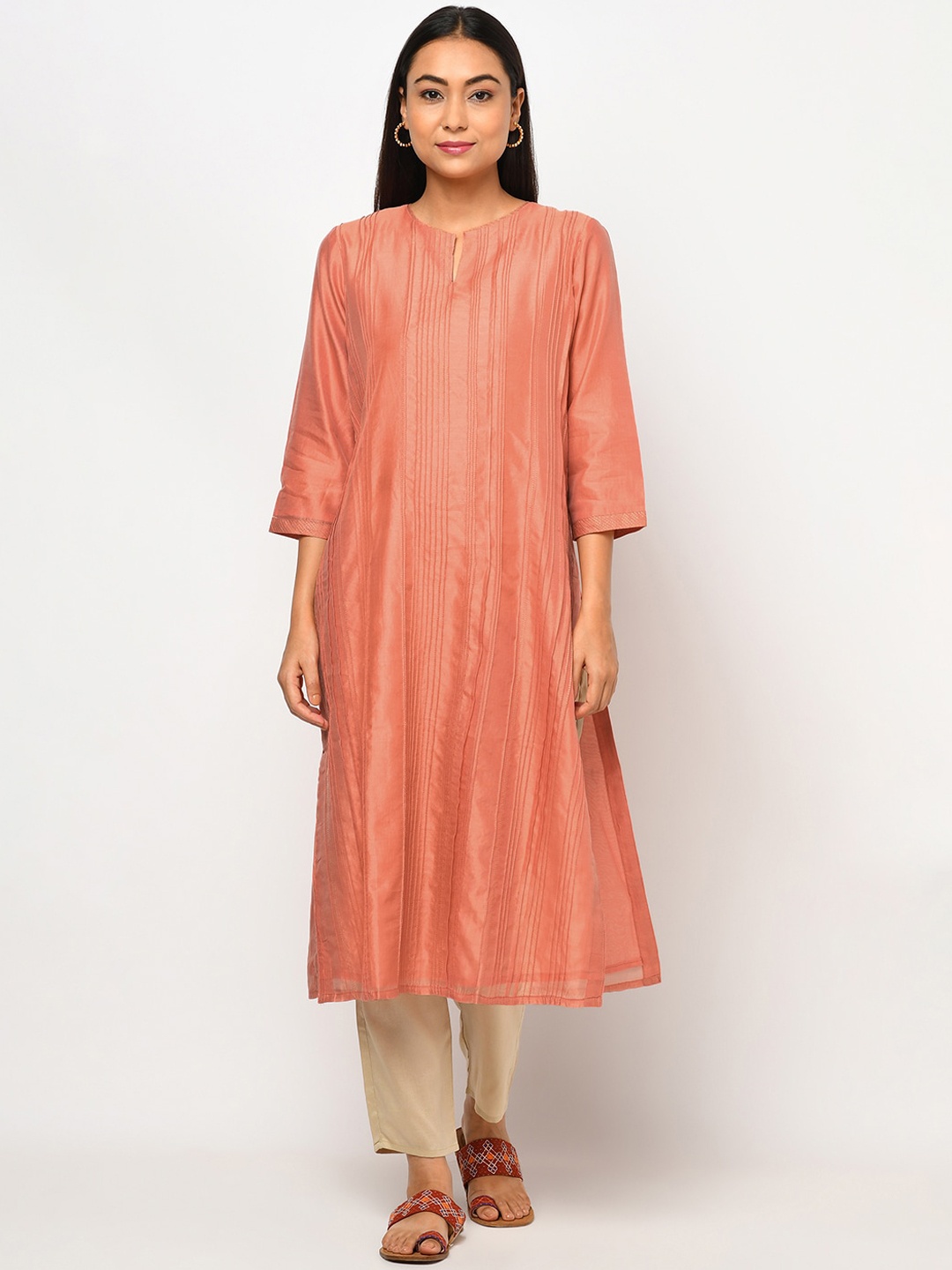 

Fabindia Women Peach Striped Keyhole Neck Gotta Patti Kurta