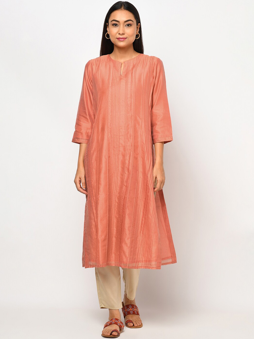 

Fabindia Women Peach Striped Thread Work Kurta