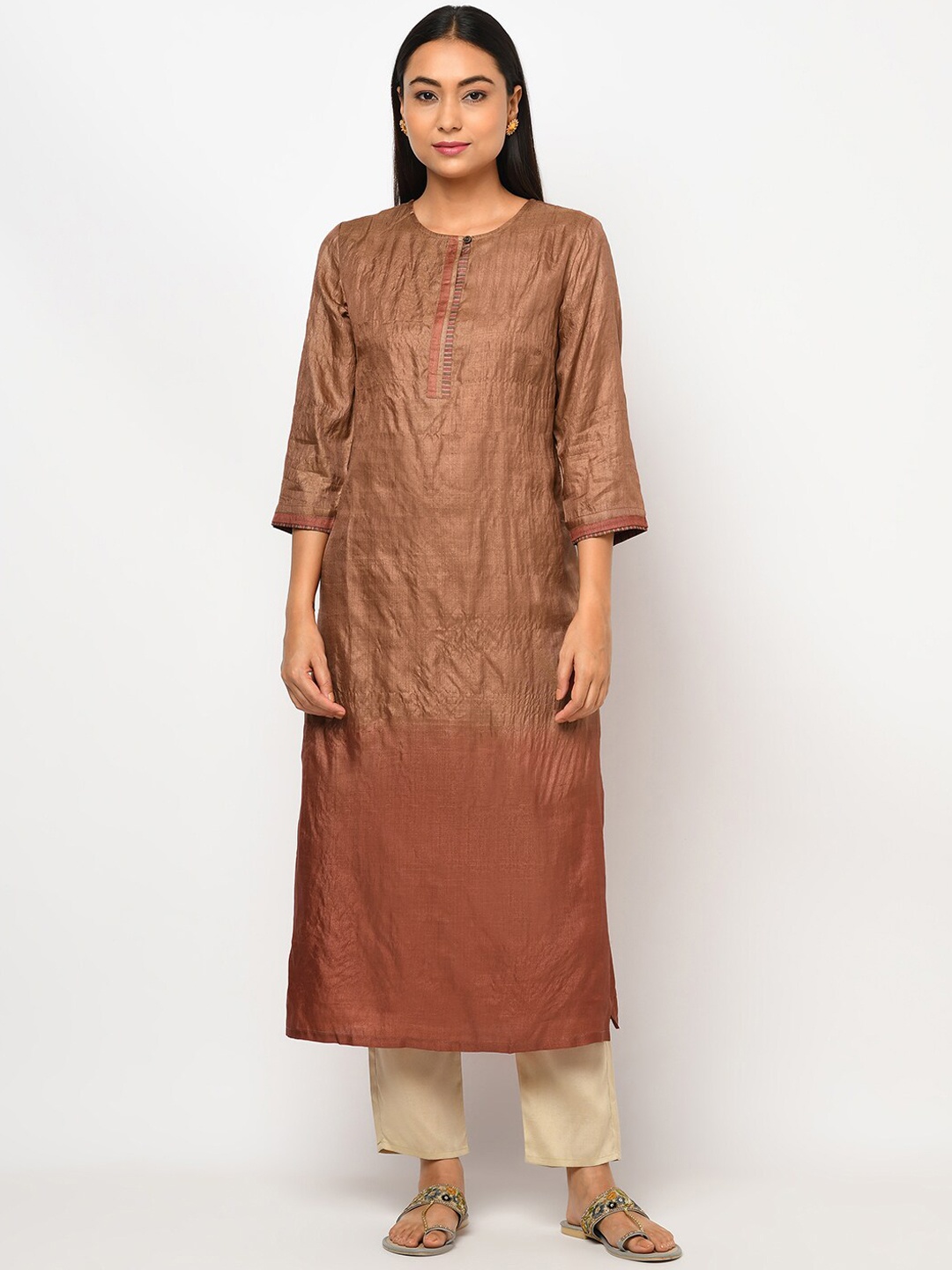 

Fabindia Women Brown Tussar Silk Straight Kurta