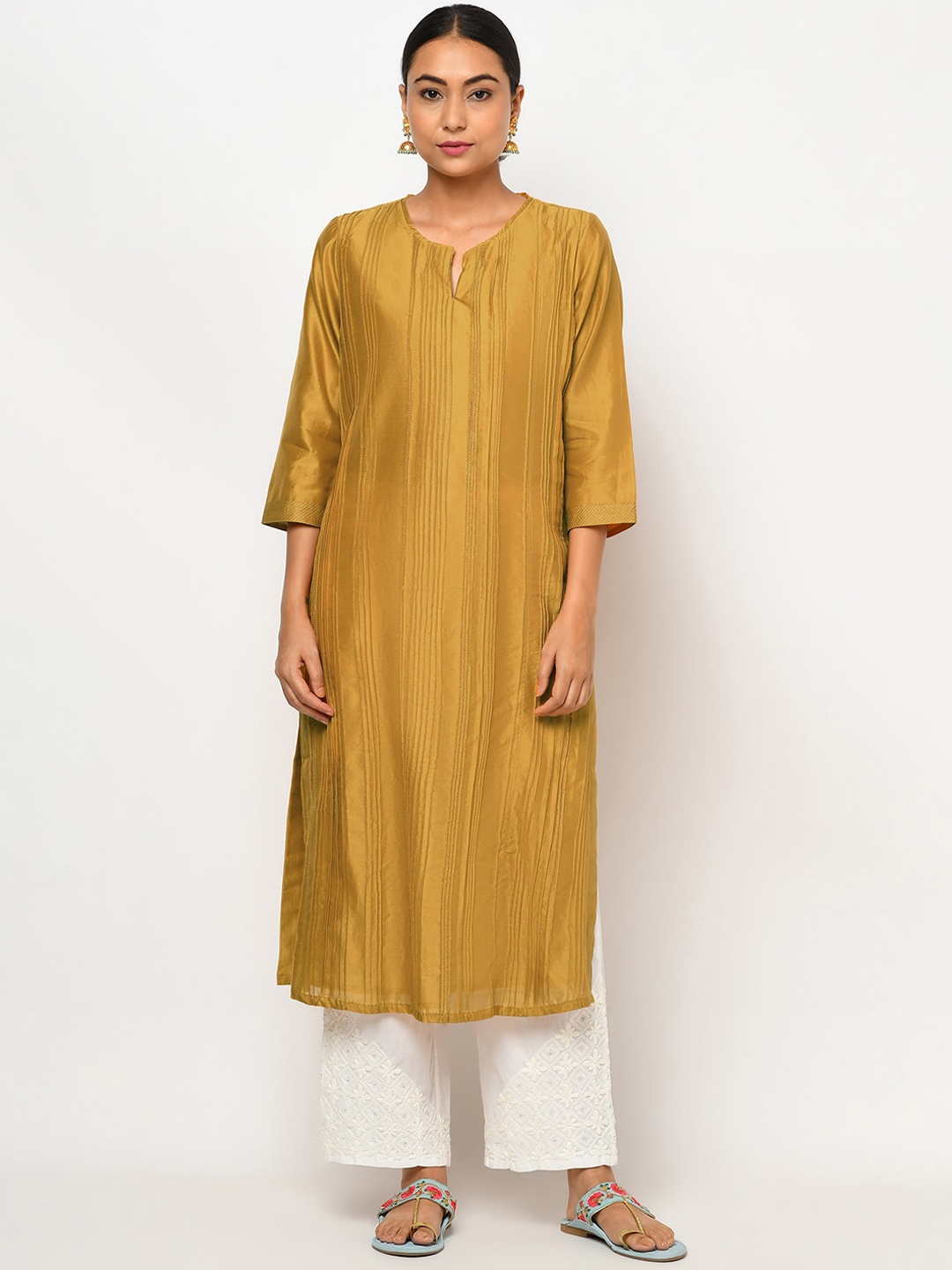 

Fabindia Women Mustard Keyhole Neck Thread Work Kurta