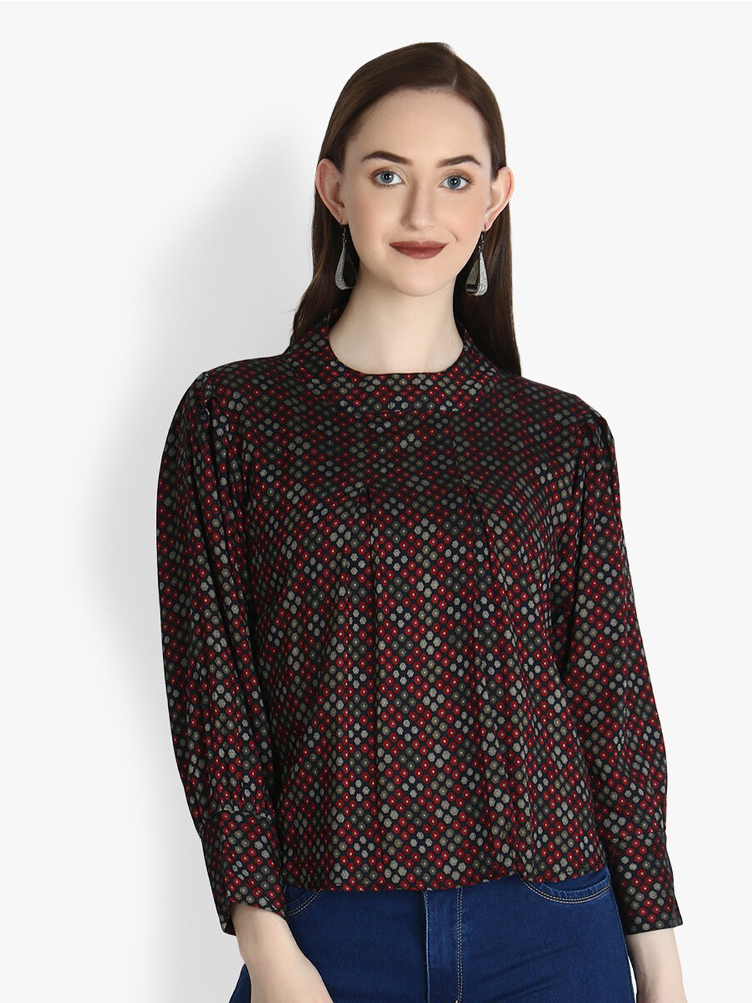 

OM SAI LATEST CREATION Grey & Maroon Geometric Regular Top