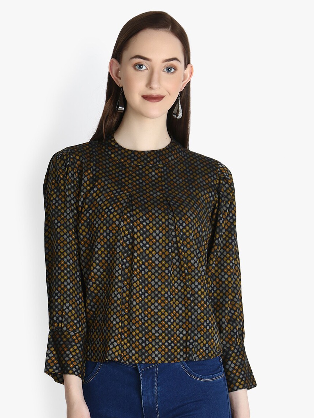 

OM SAI LATEST CREATION Grey & Yellow Geometric Regular Top