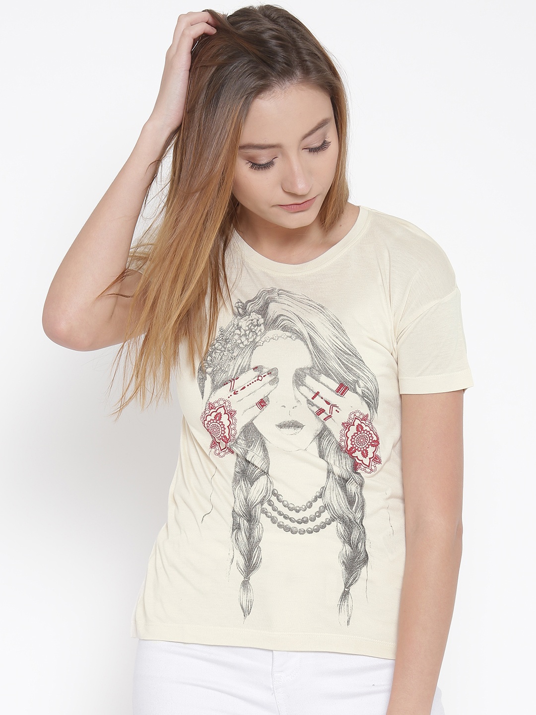

Vero Moda Women Cream-Coloured Printed Round Neck T-shirt