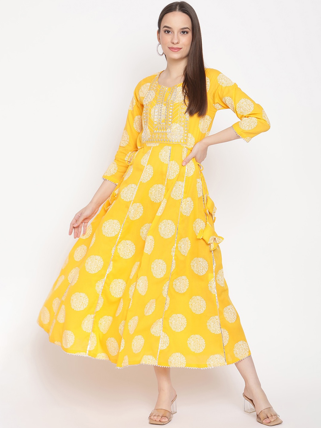 

Be Indi Mustard Yellow & White Ethnic Motifs Ethnic Maxi Dress