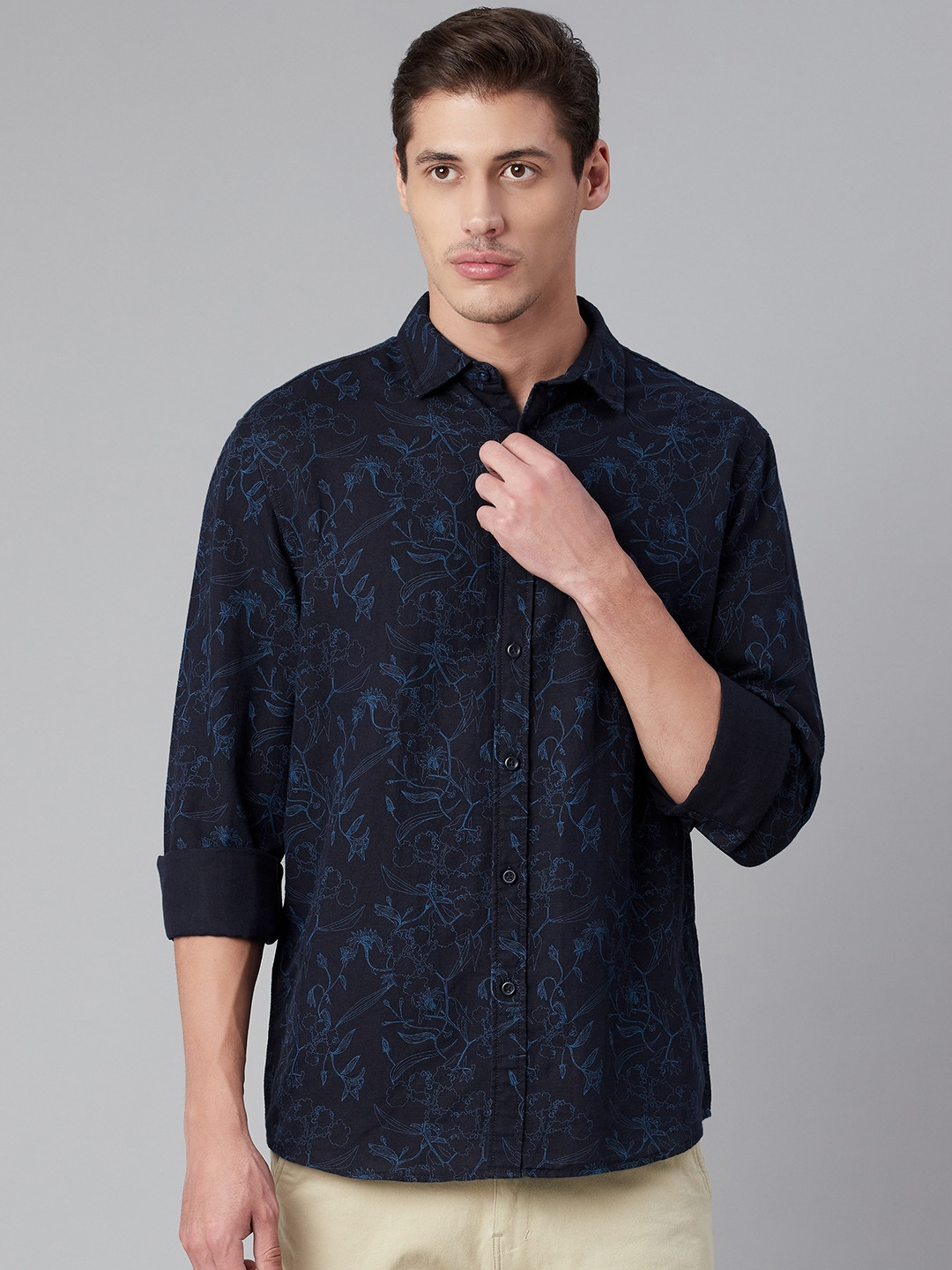 

Marks & Spencer Men Navy Blue Floral Printed Cotton Casual Shirt