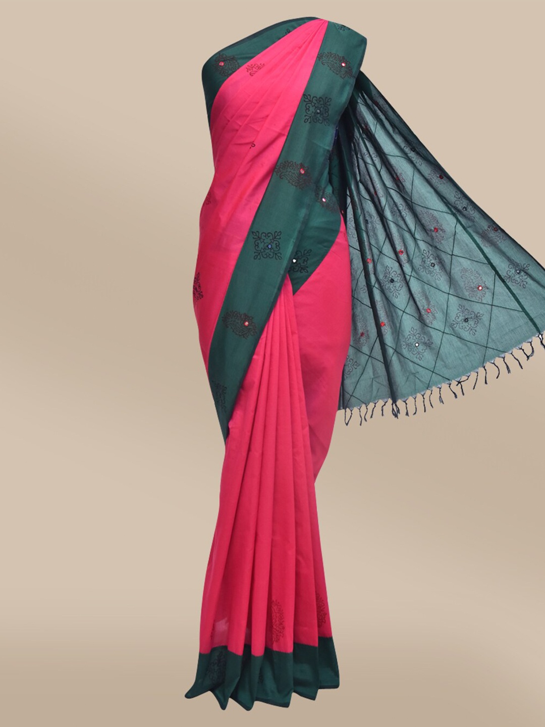 

The Chennai Silks Pink & Green Printed Polycotton Saree