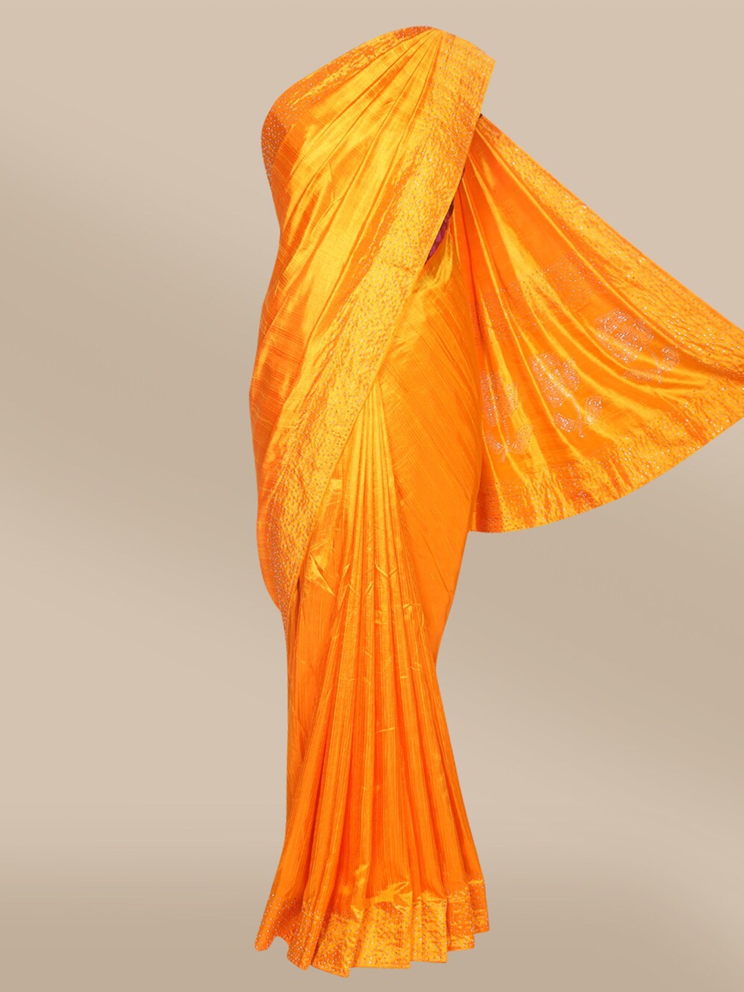 

The Chennai Silks Orange & Silver-Toned Embellished Beads and Stones Saree