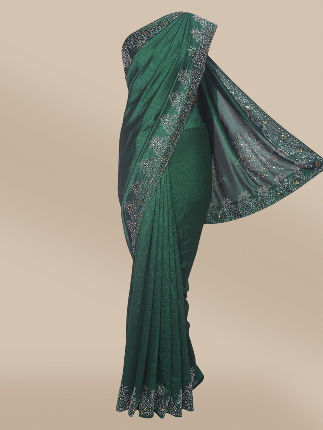 

The Chennai Silks Green & Silver-Toned Beads and Stones Saree