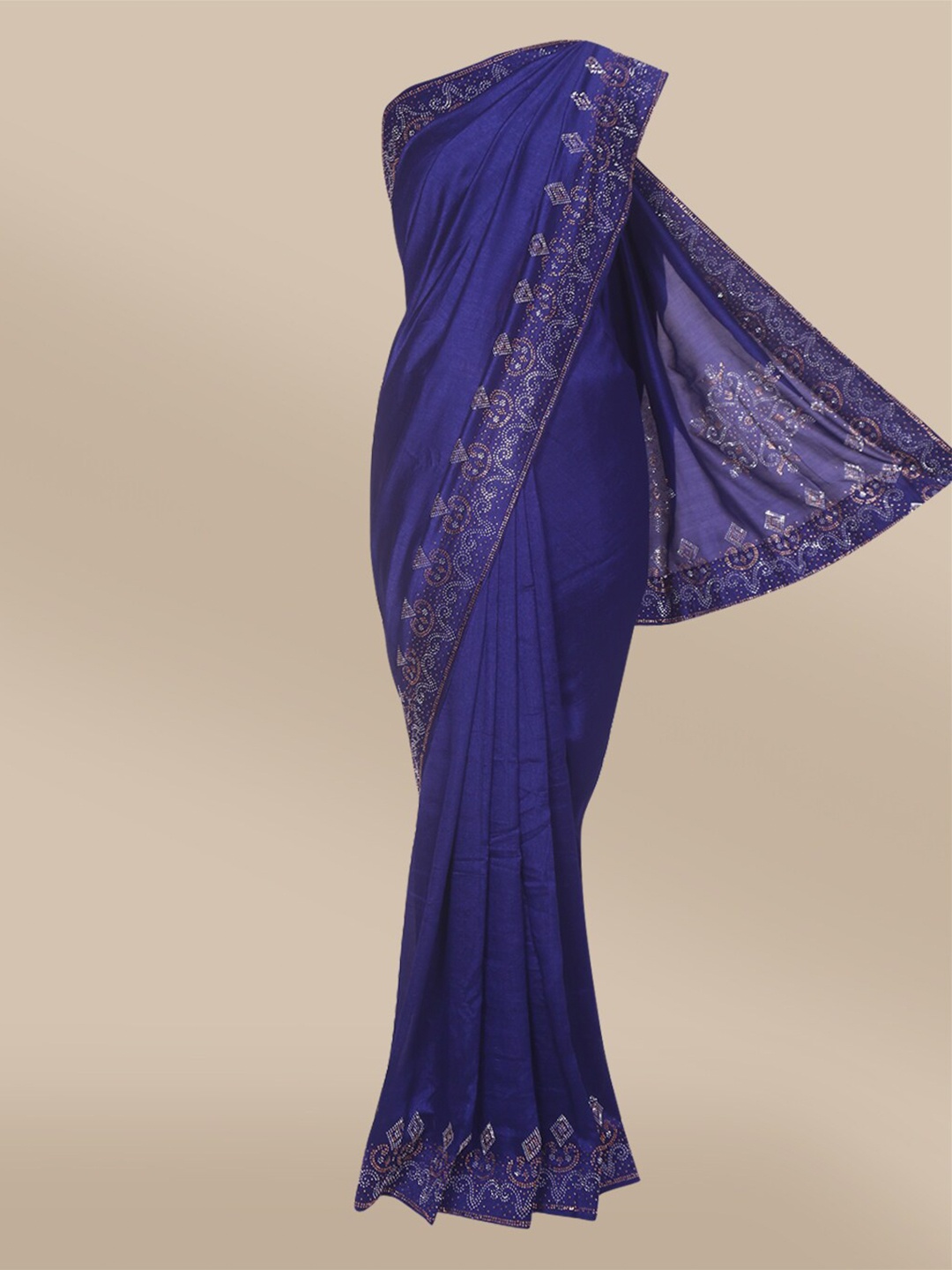 

The Chennai Silks Navy Blue & Gold-Toned Beads and Stones Saree