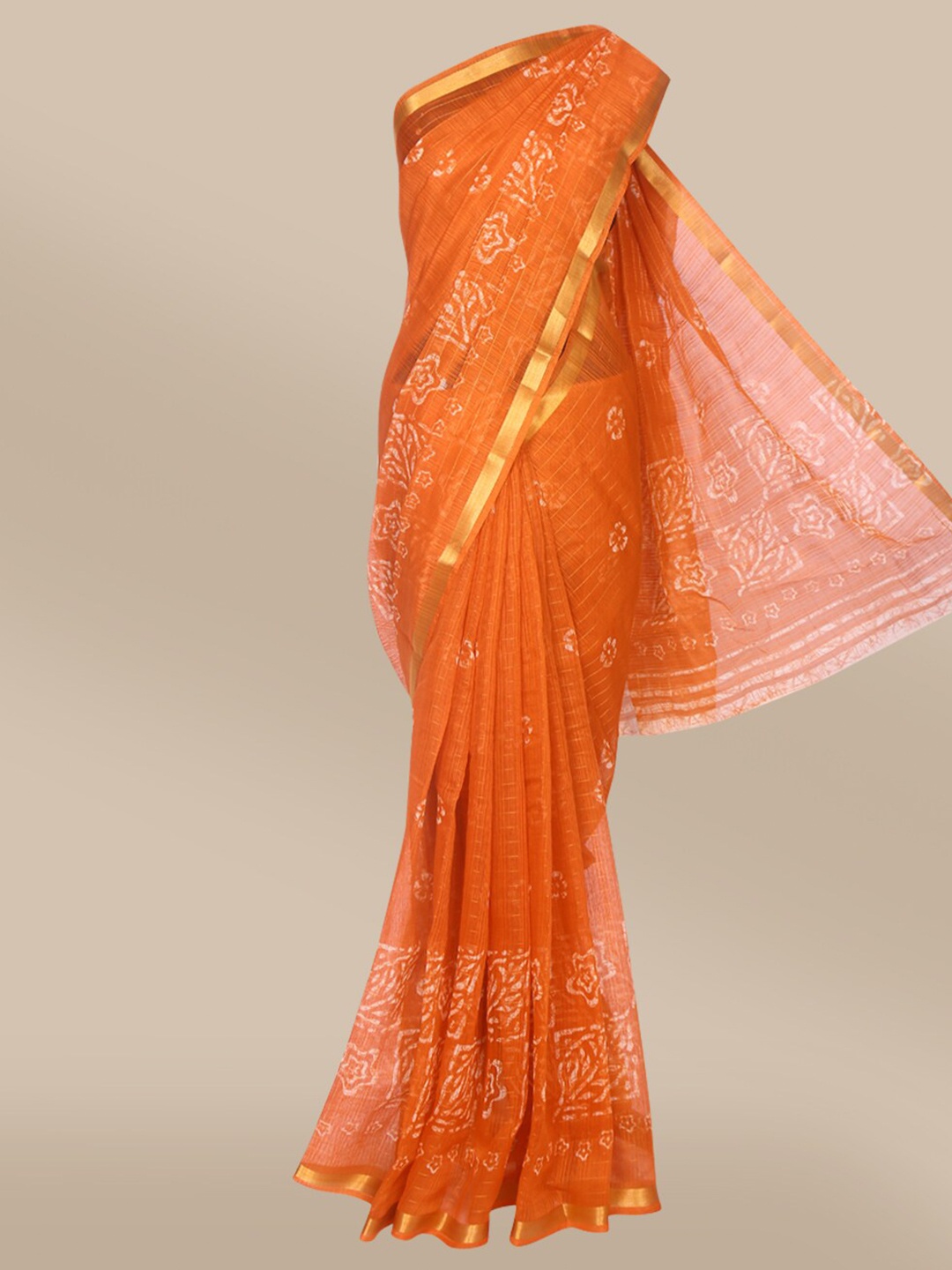 

The Chennai Silks Orange & White Batik Zari Fusion Bhagalpuri Saree