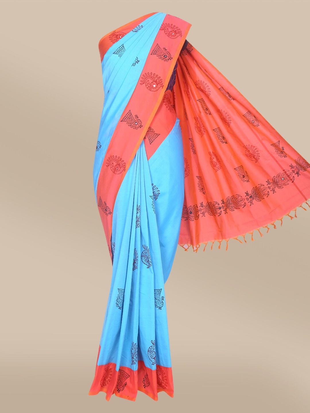 

The Chennai Silks Blue & Red Ethnic Motifs Mirror Work Saree