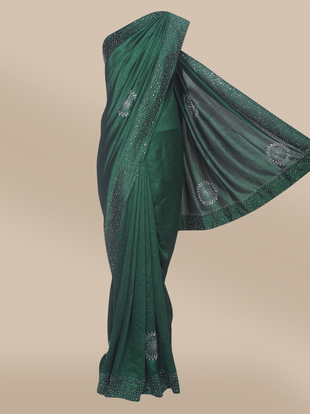

The Chennai Silks Green & Silver-Toned Embellished Beads and Stones Saree