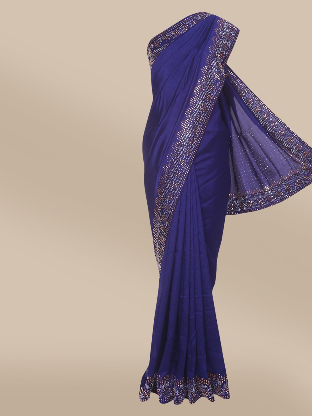 

The Chennai Silks Navy Blue & Silver-Toned Embellished Beads and Stones Saree