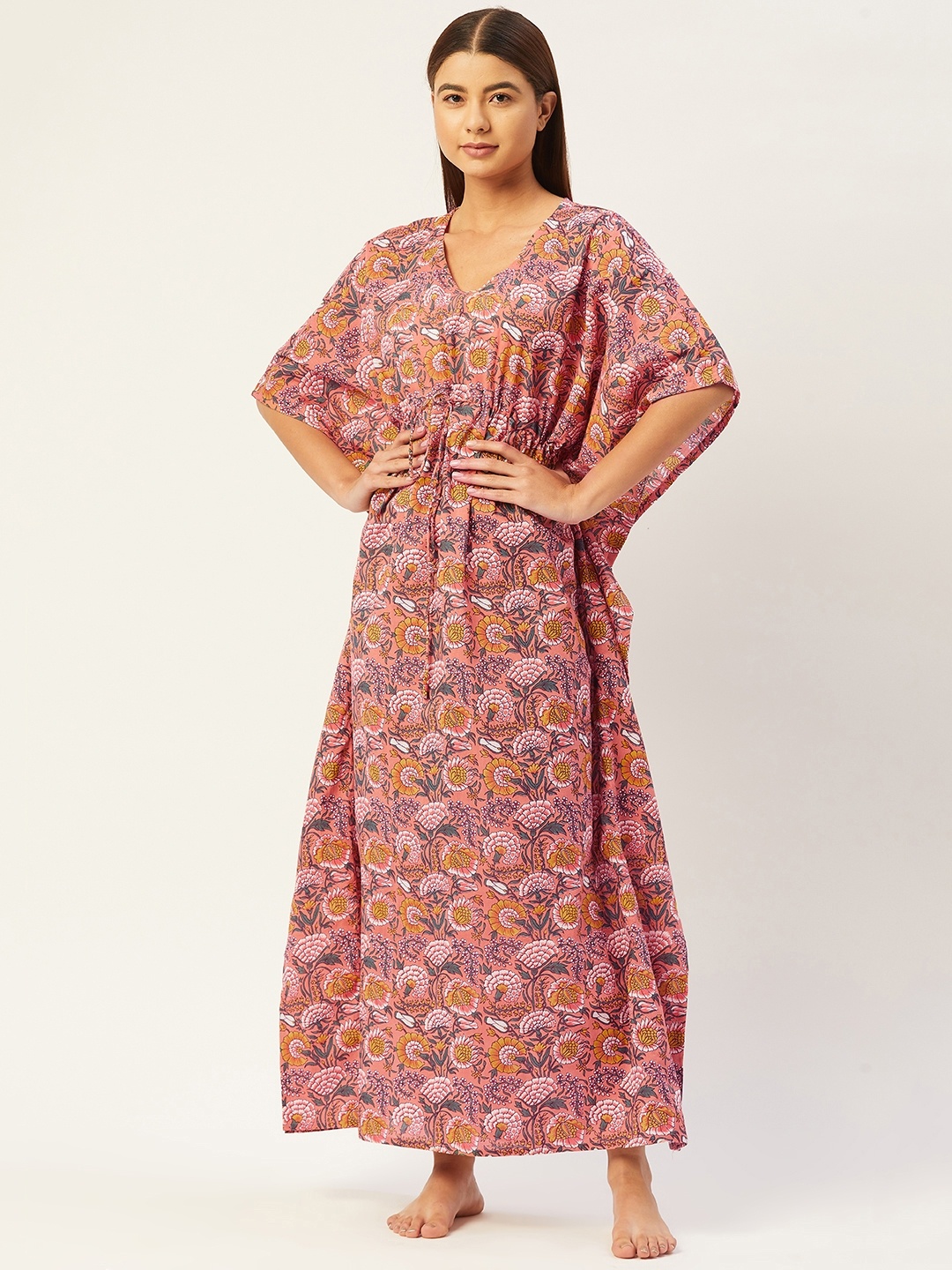 

Ikk Kudi by Seerat Peach-Coloured Printed Maxi Floral Jal Cotton Nightdress