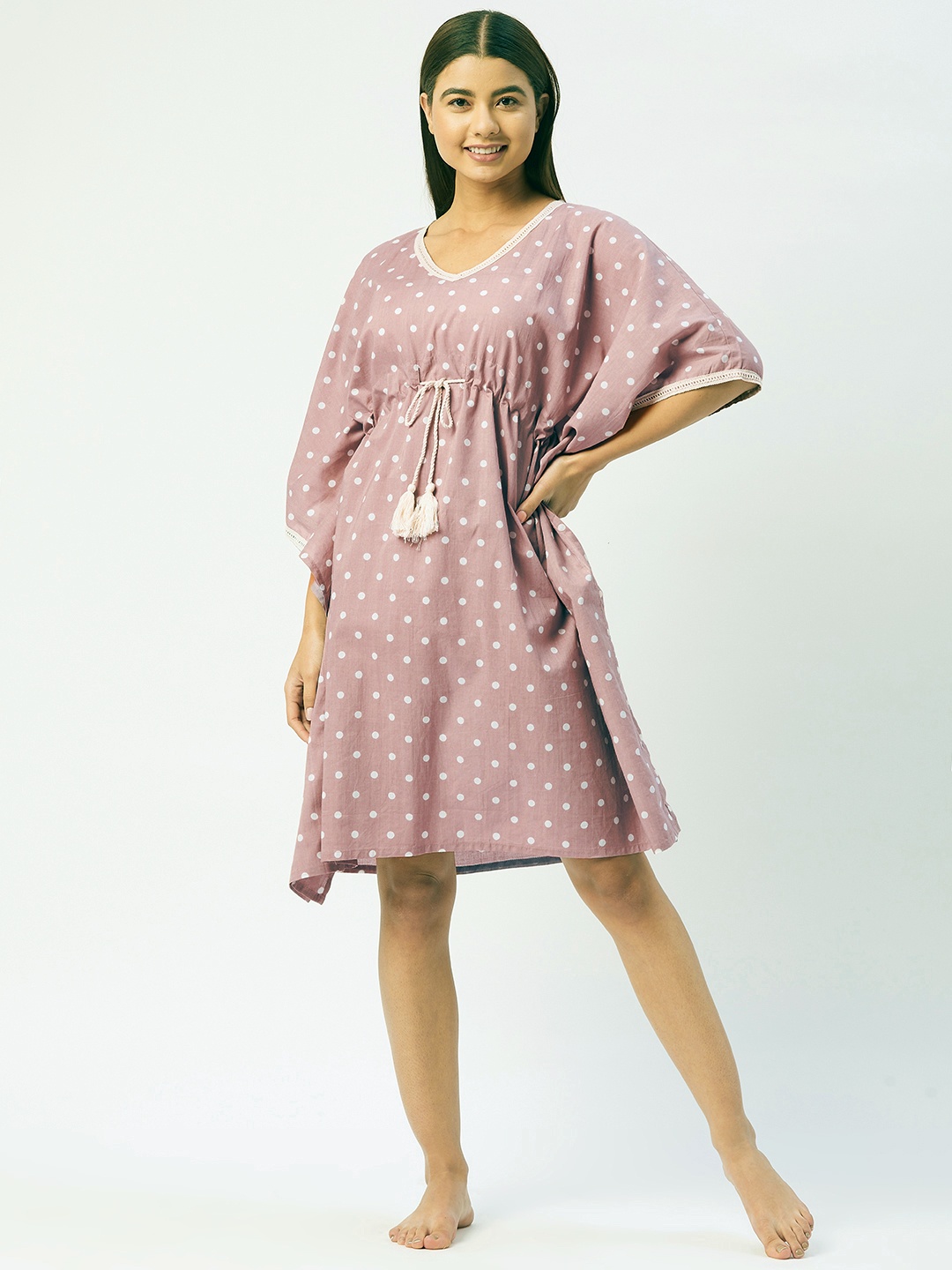

Ikk Kudi by Seerat Mauve Printed Polka Dot Knee Length Kaftan Nightdress
