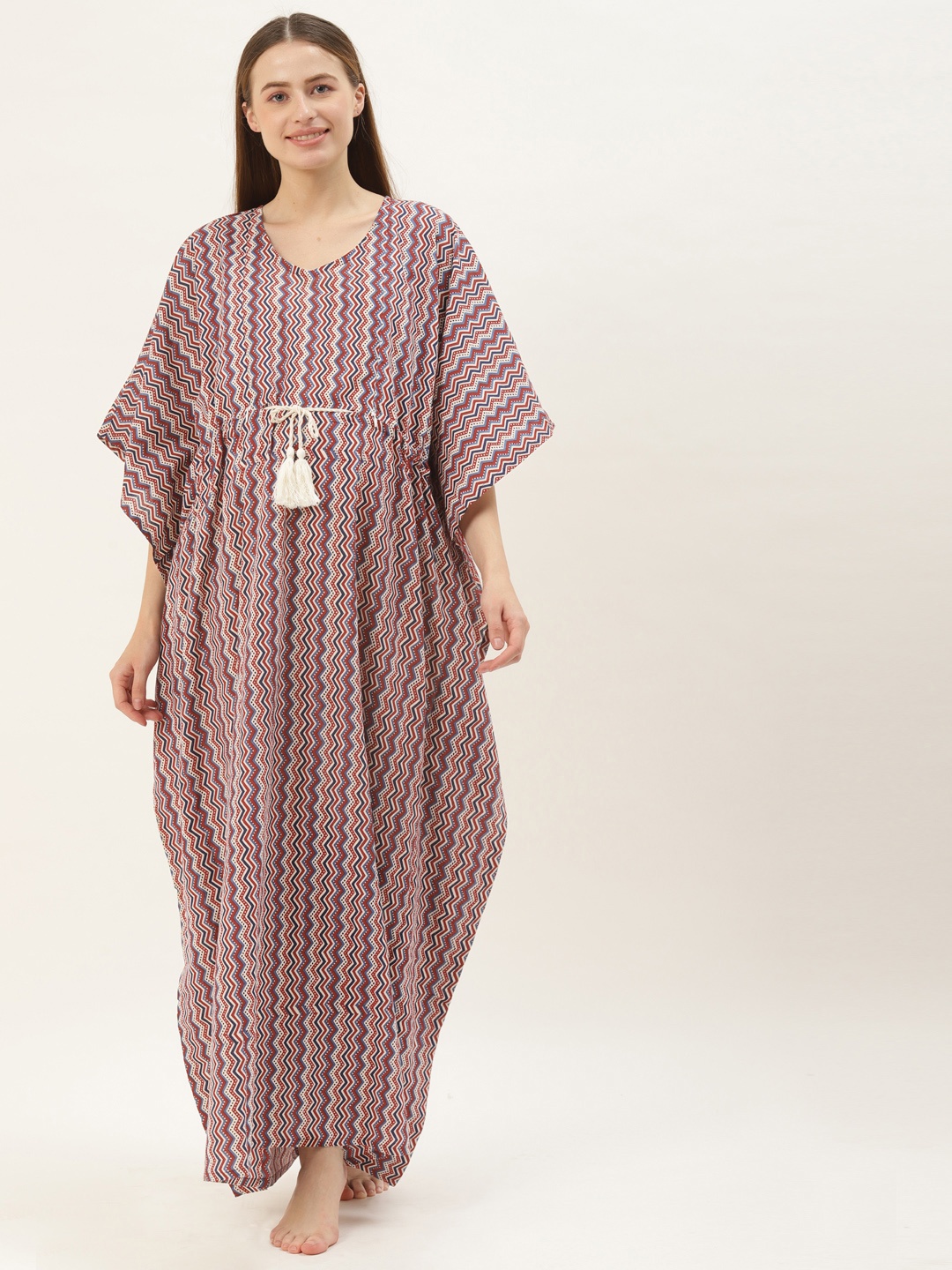

Ikk Kudi by Seerat Red Printed Pure Cotton Maternity & Nursing Kaftan Maxi Nightdress