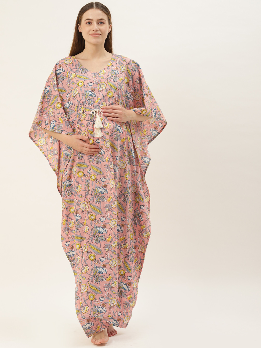 

Ikk Kudi by Seerat Pink Printed Pure Cotton Maternity & Nursing Kaftan Maxi Nightdress