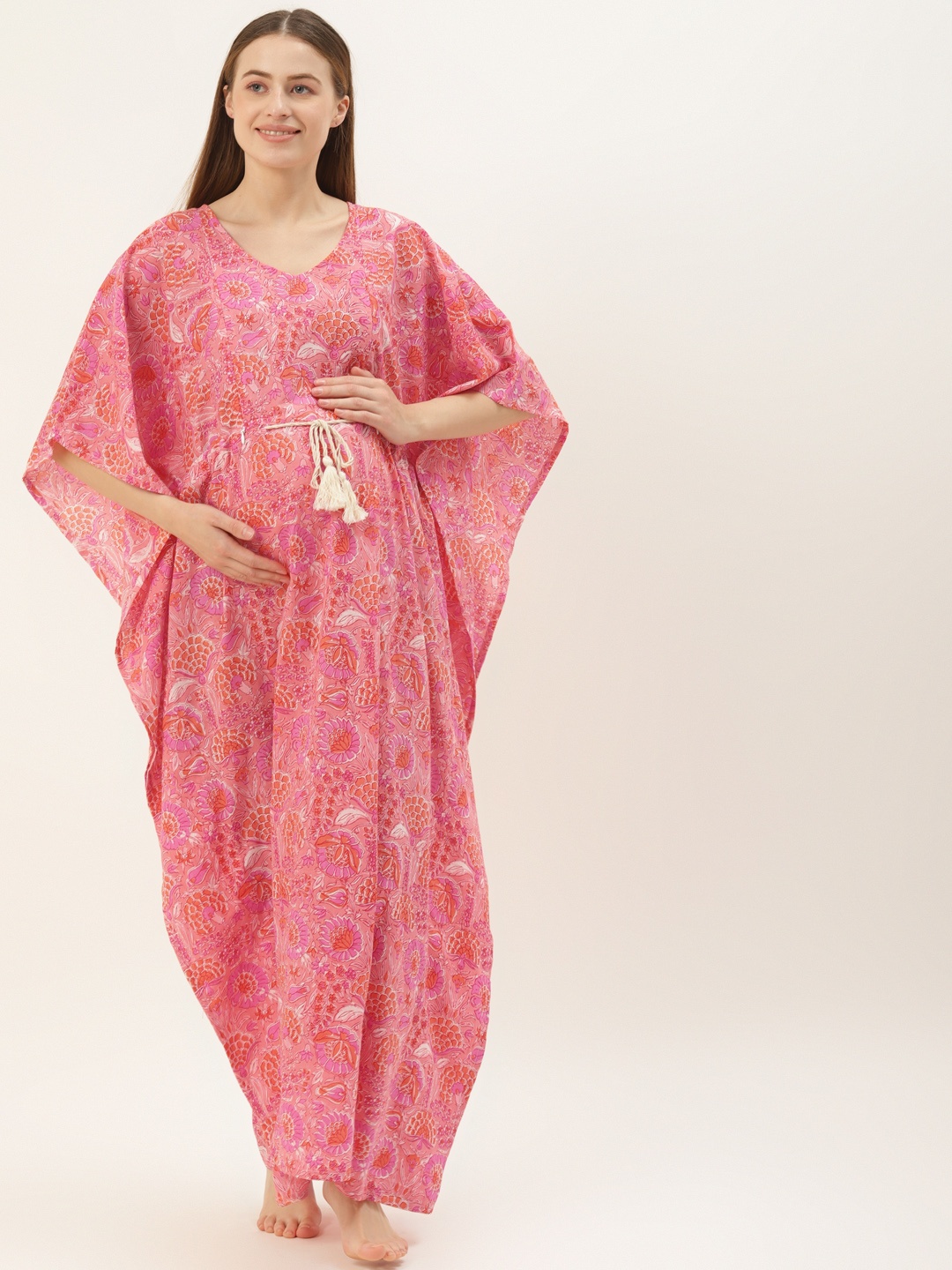 

Ikk Kudi by Seerat Pink Printed Pure Cotton Maternity & Nursing Kaftan Maxi Nightdress