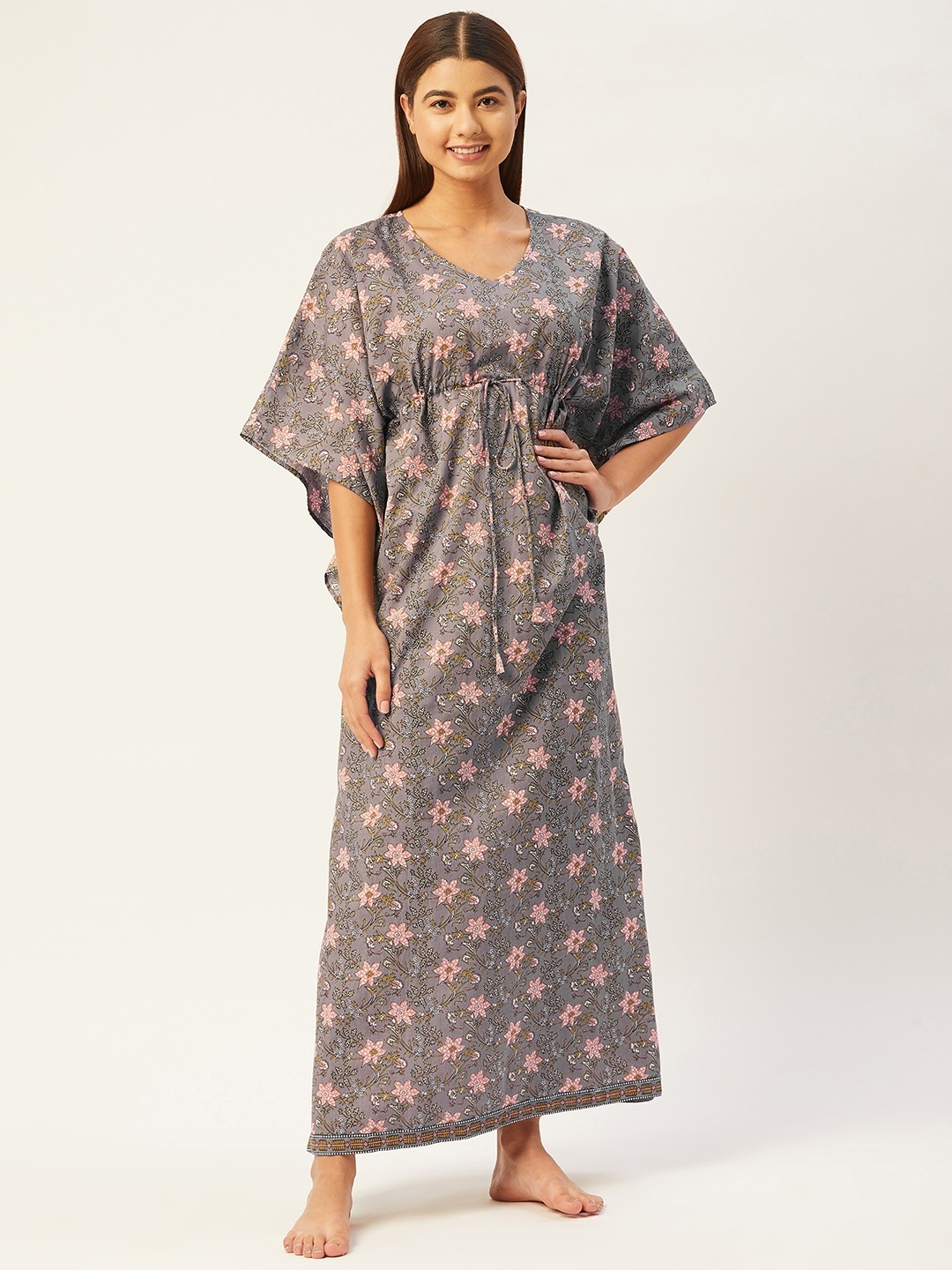 

Ikk Kudi by Seerat Grey Printed Maxi Floral Jal Cotton Kaftan Nightdress