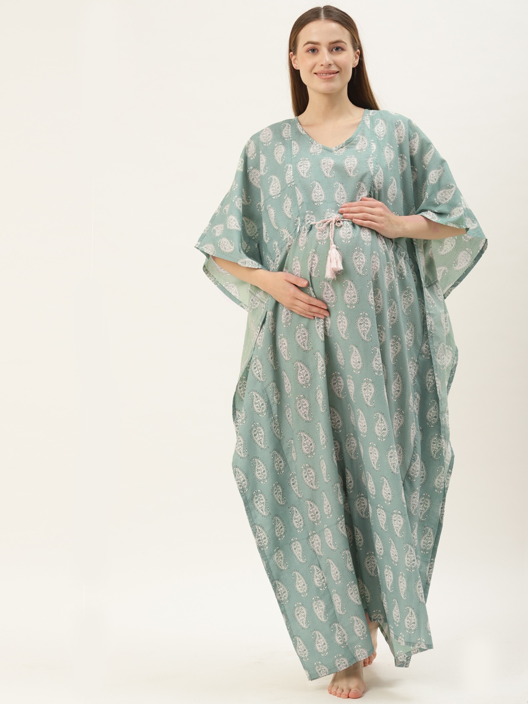 

Ikk Kudi by Seerat Green Printed Pure Cotton Maternity & Nursing Kaftan Maxi Nightdress