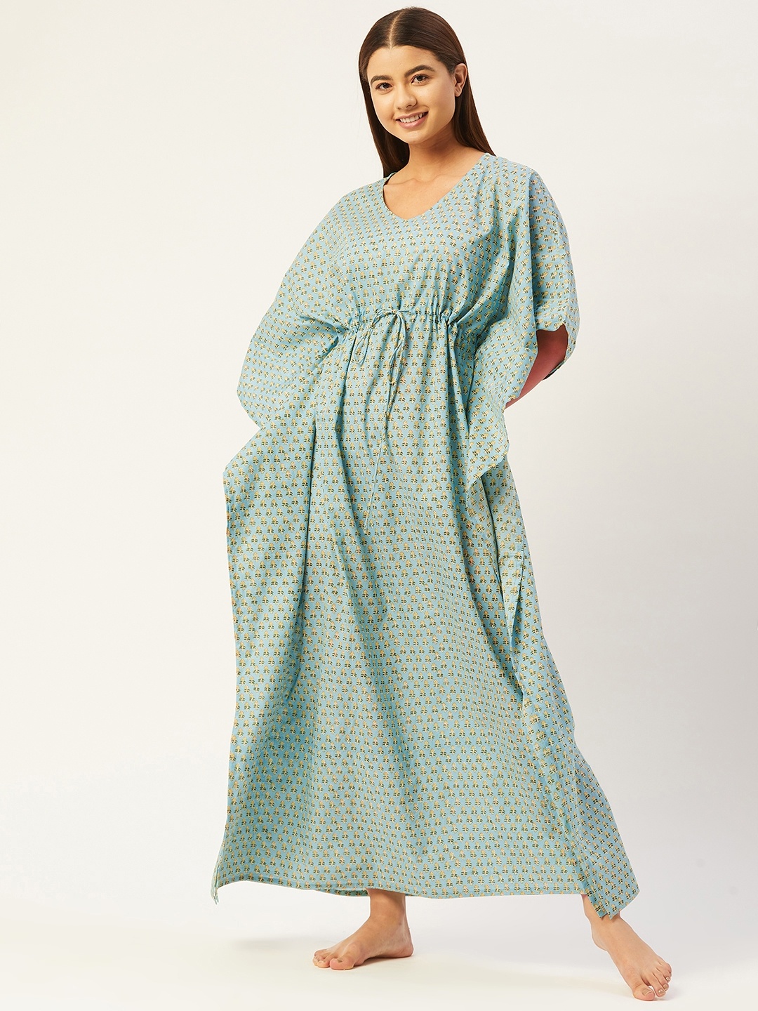 

Ikk Kudi by Seerat Sea Green Printed Maxi Floral Booti Cotton Kaftan Nightdress