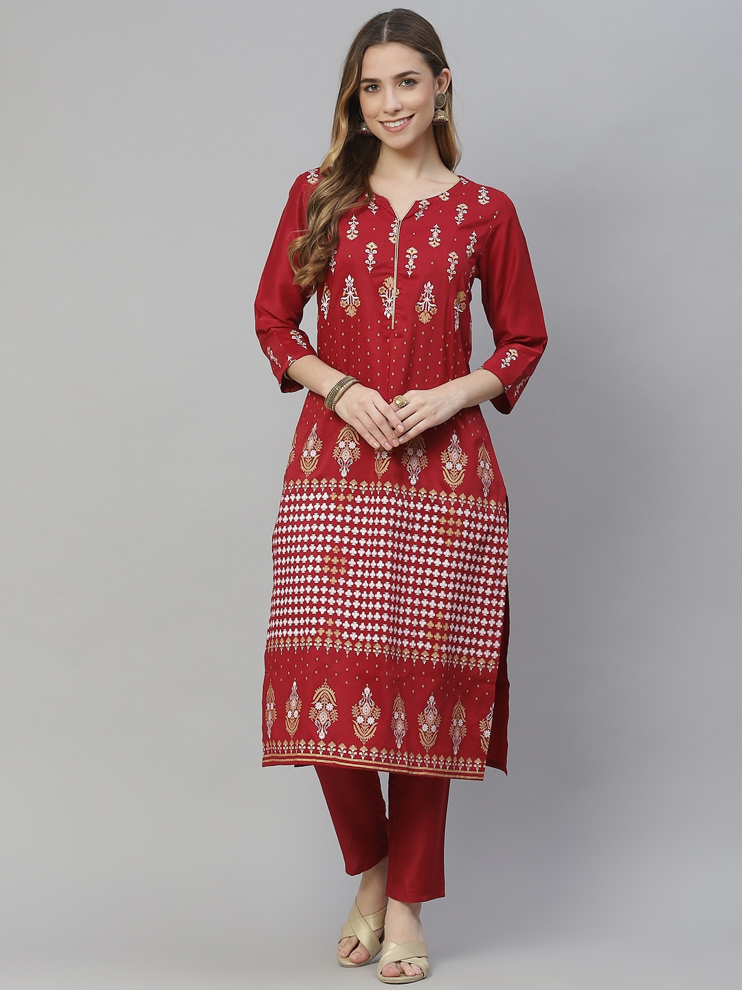 

ZIYAA Women Red Ethnic Motifs Printed Regular Kurta with Trousers