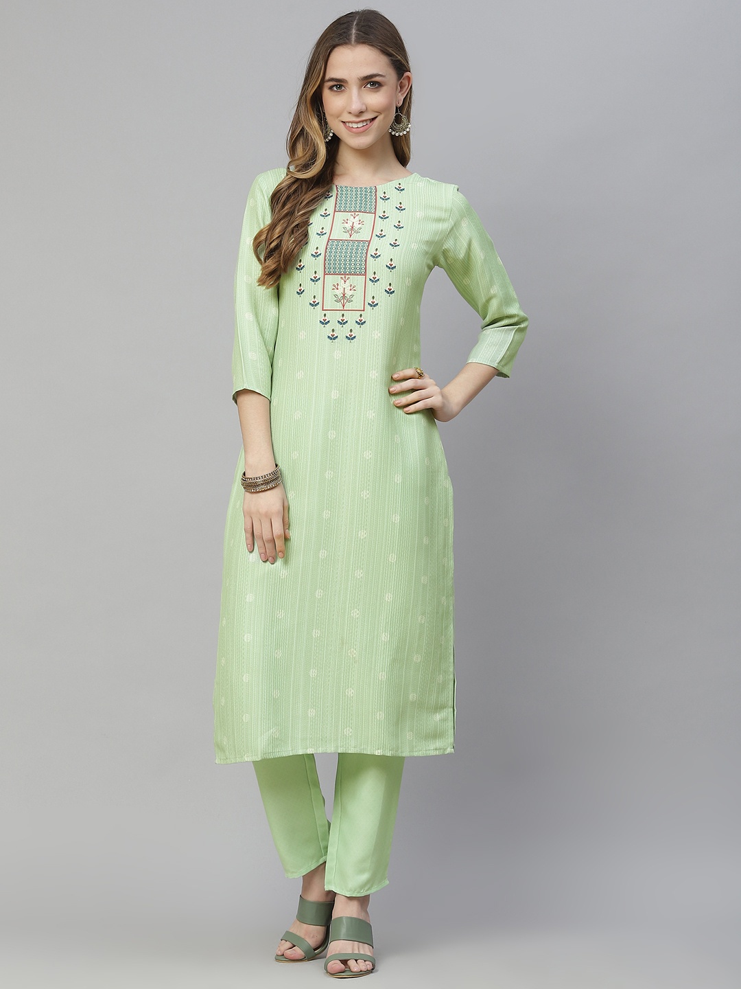 

ZIYAA Women Green Printed Regular Kurta with Trousers