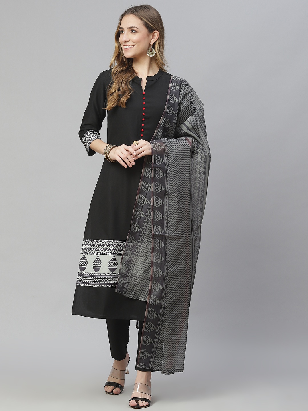 

ZIYAA Women Black Printed Regular Kurta with Trousers & With Dupatta