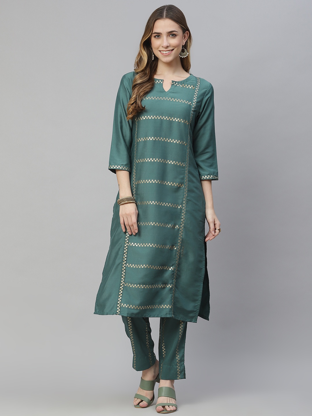 

ZIYAA Women Green Printed Regular Kurta with Trousers