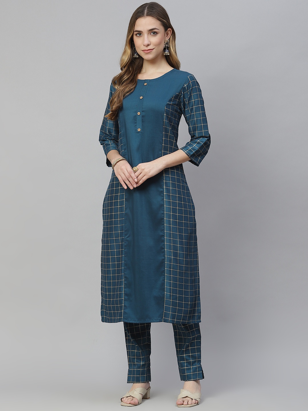 

ZIYAA Women Teal Printed Regular Kurta with Trousers