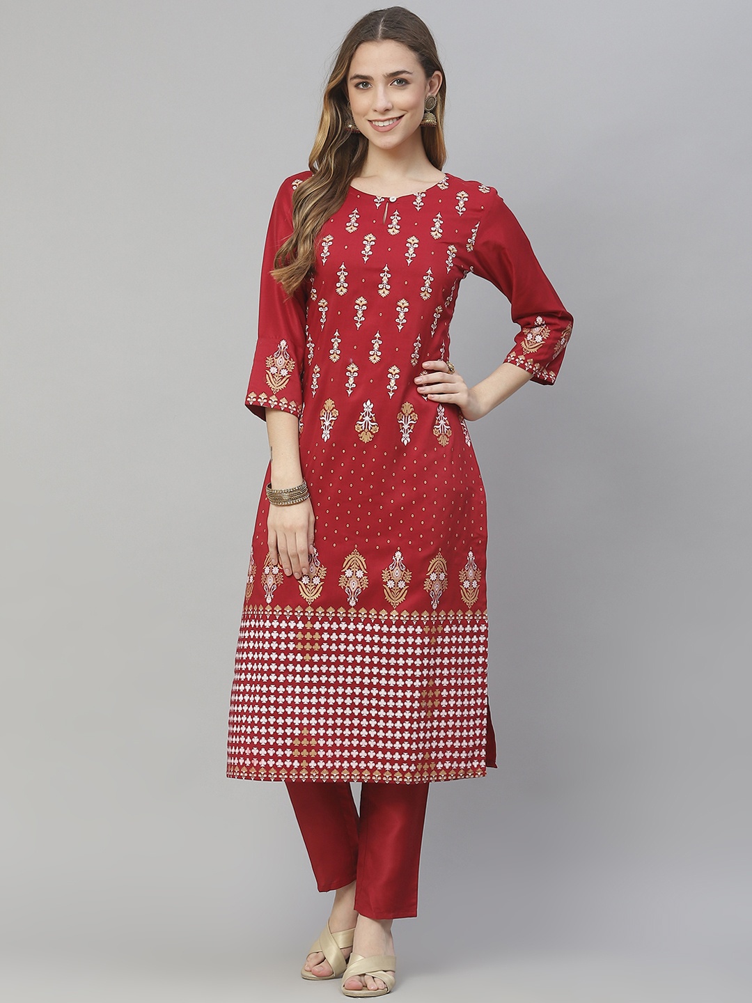 

ZIYAA Women Red Ethnic Motifs Printed Regular Kurta with Trousers