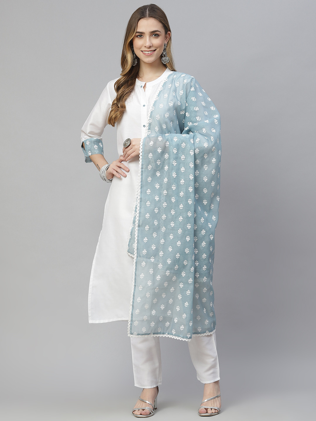 

ZIYAA Women White Regular Kurta with Trousers & With Dupatta