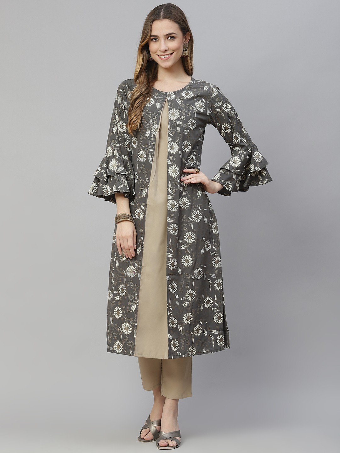 

ZIYAA Women Grey Floral Printed Regular Kurta with Trousers