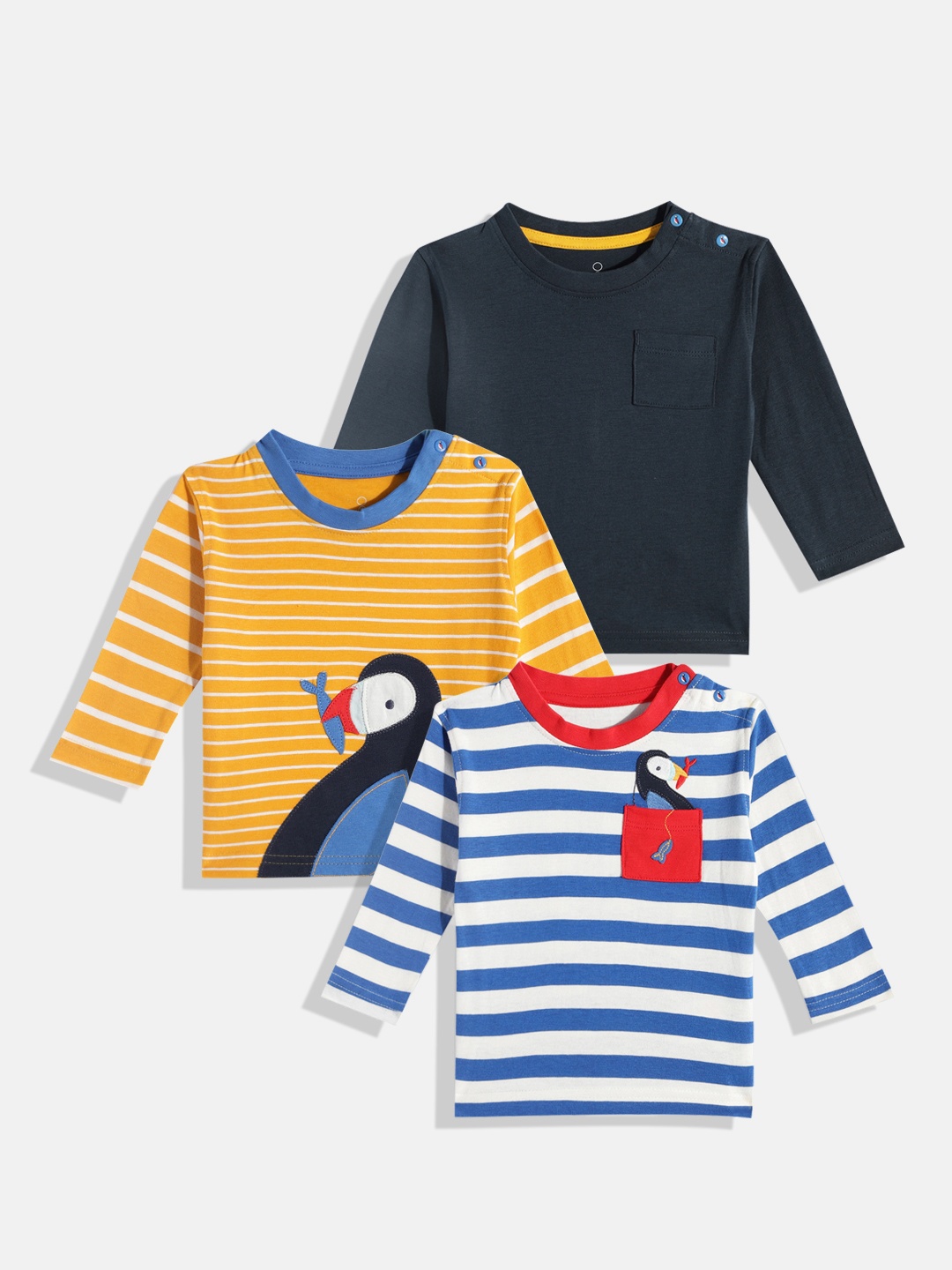 

mothercare Boys Pack Of 3 Pure Cotton Applique & Pockets T-shirts, Yellow