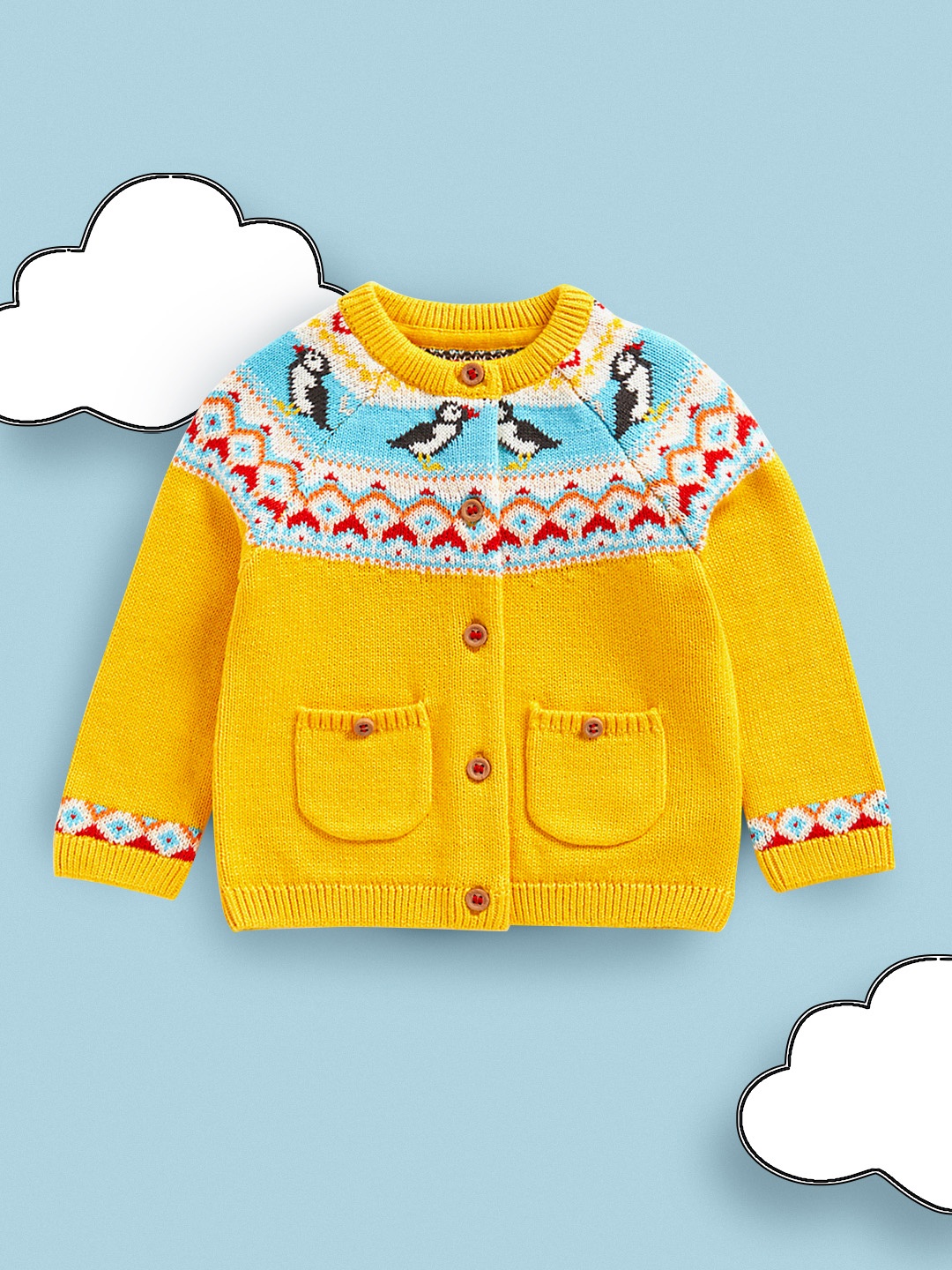 

mothercare Girls Yellow Fair Isle Pure Cotton Cardigan