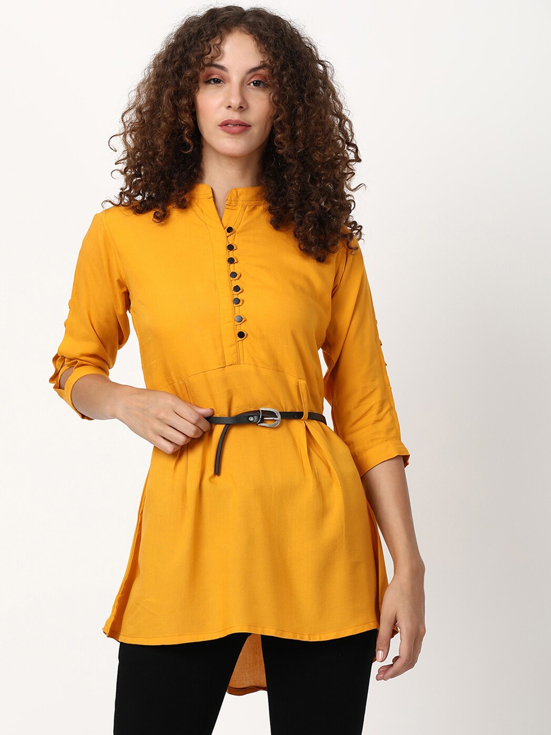 

V2 Value & Variety Mustard Yellow Mandarin Collar High-Low Longline Top