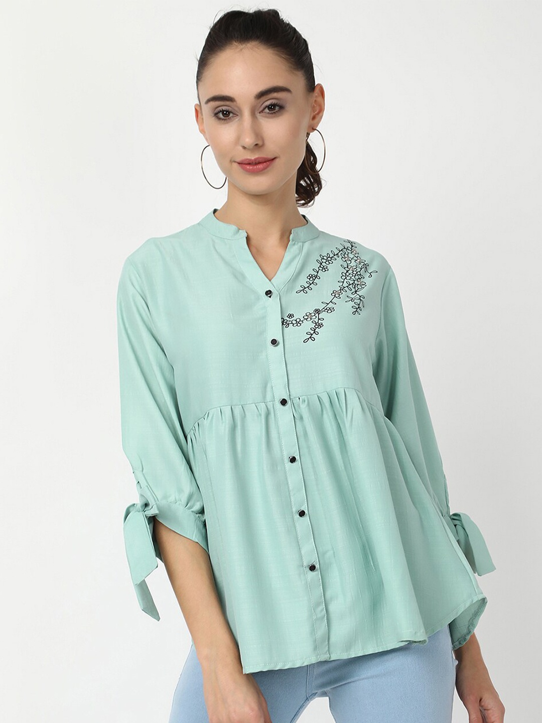 

V2 Value & Variety Sea Green & Black Floral Mandarin Collar A-Line Top