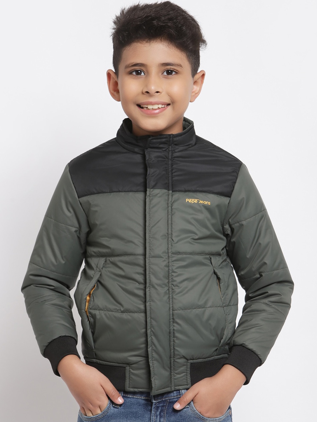 

Pepe Jeans Boys Olive Green & Black Colourblocked Bomber Jacket