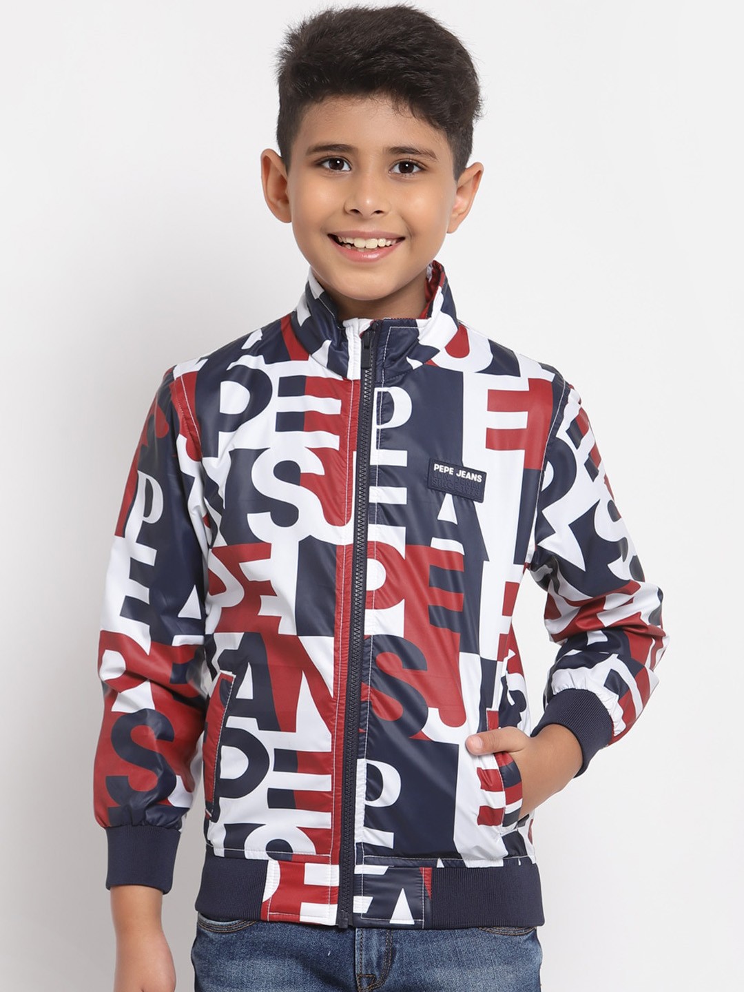 

Pepe Jeans Boys White & Blue Printed Lightweight Bomber Jacket
