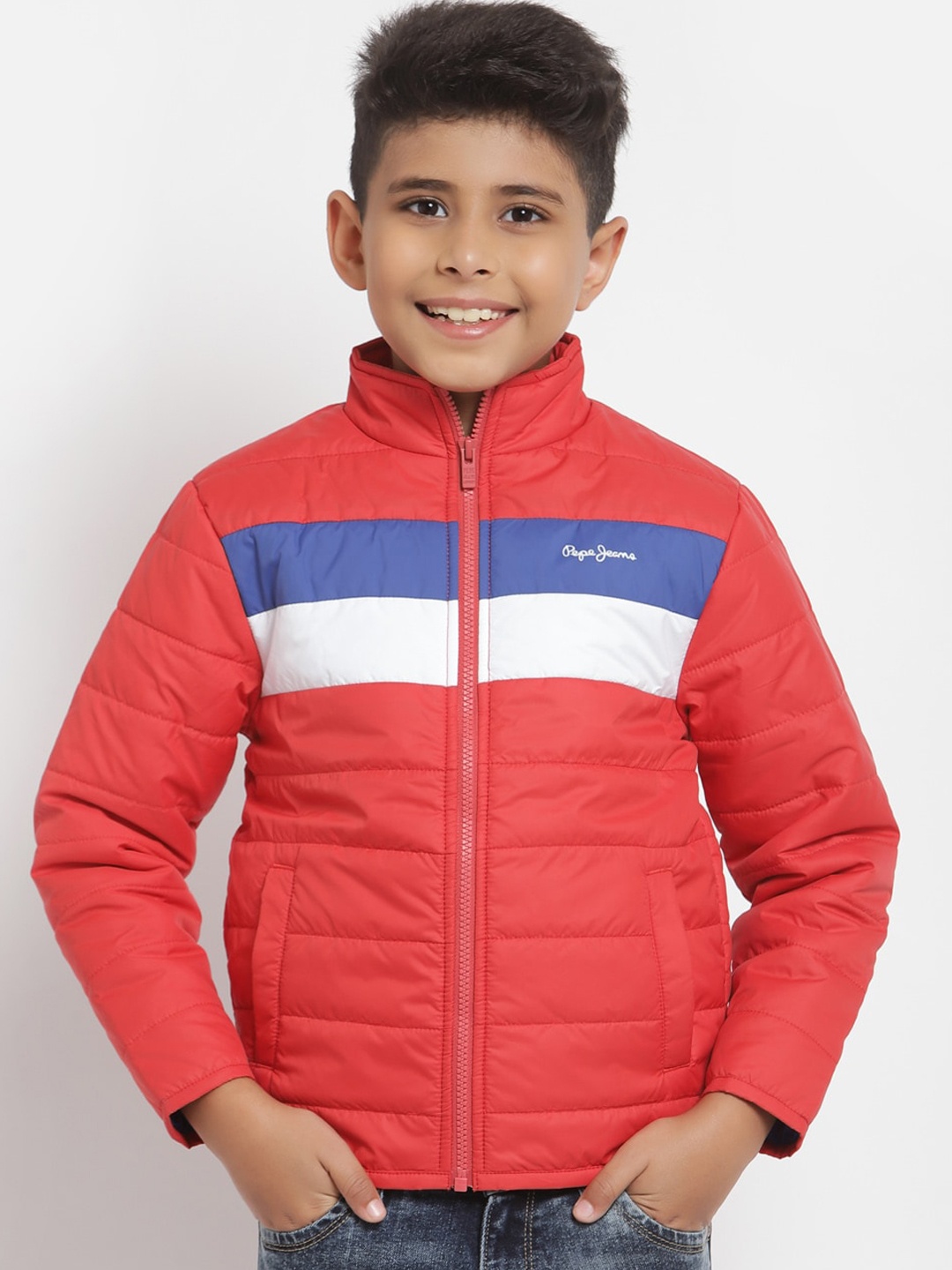 

Pepe Jeans Boys Red & White Colourblocked Puffer Jacket