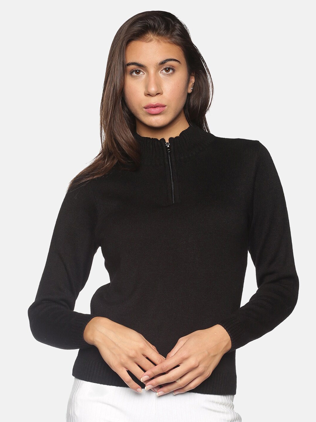 

BEVERLY BLUES Women Black Longline Acrylic Pullover with Zip Detail