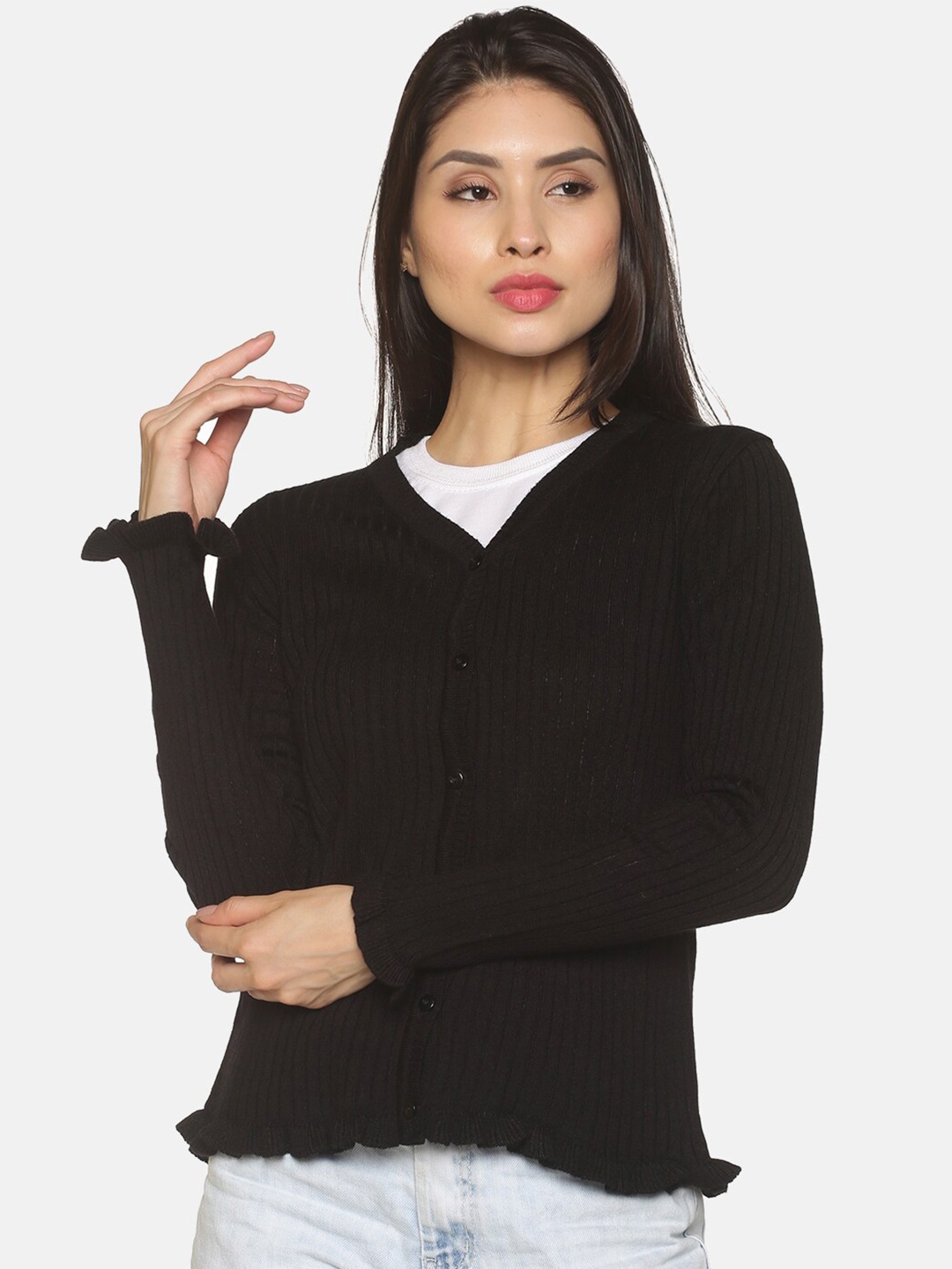 

BEVERLY BLUES Women Black Ribbed Cardigan
