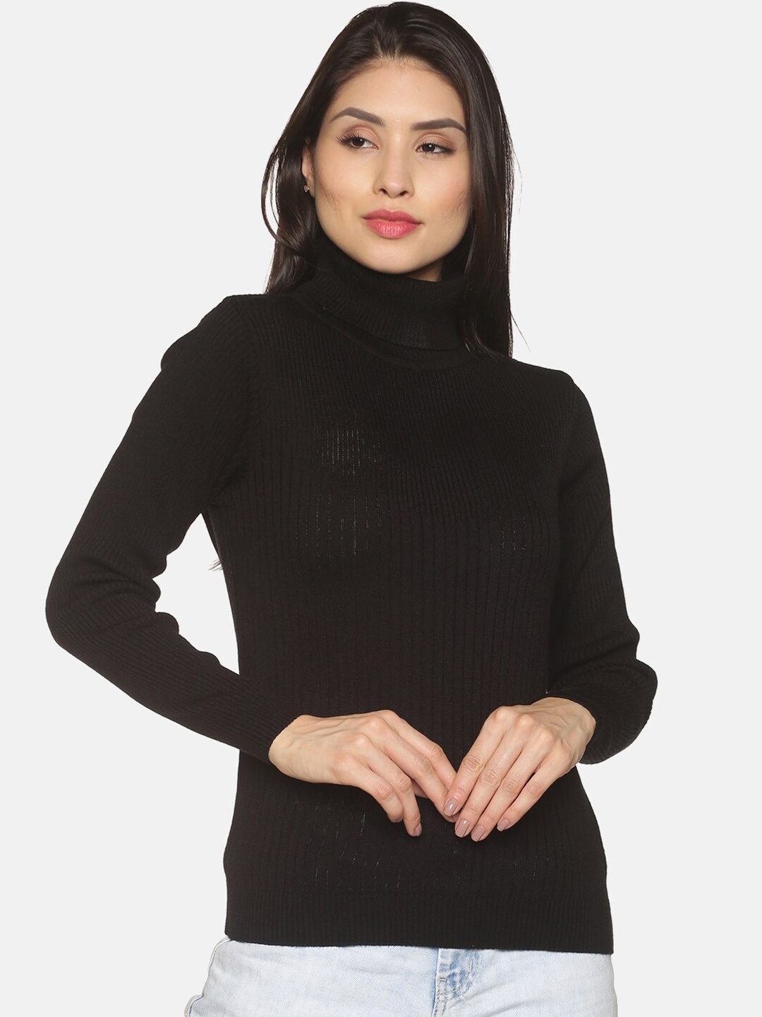 

BEVERLY BLUES Women Black Ribbed Acrylic Pullover Sweater