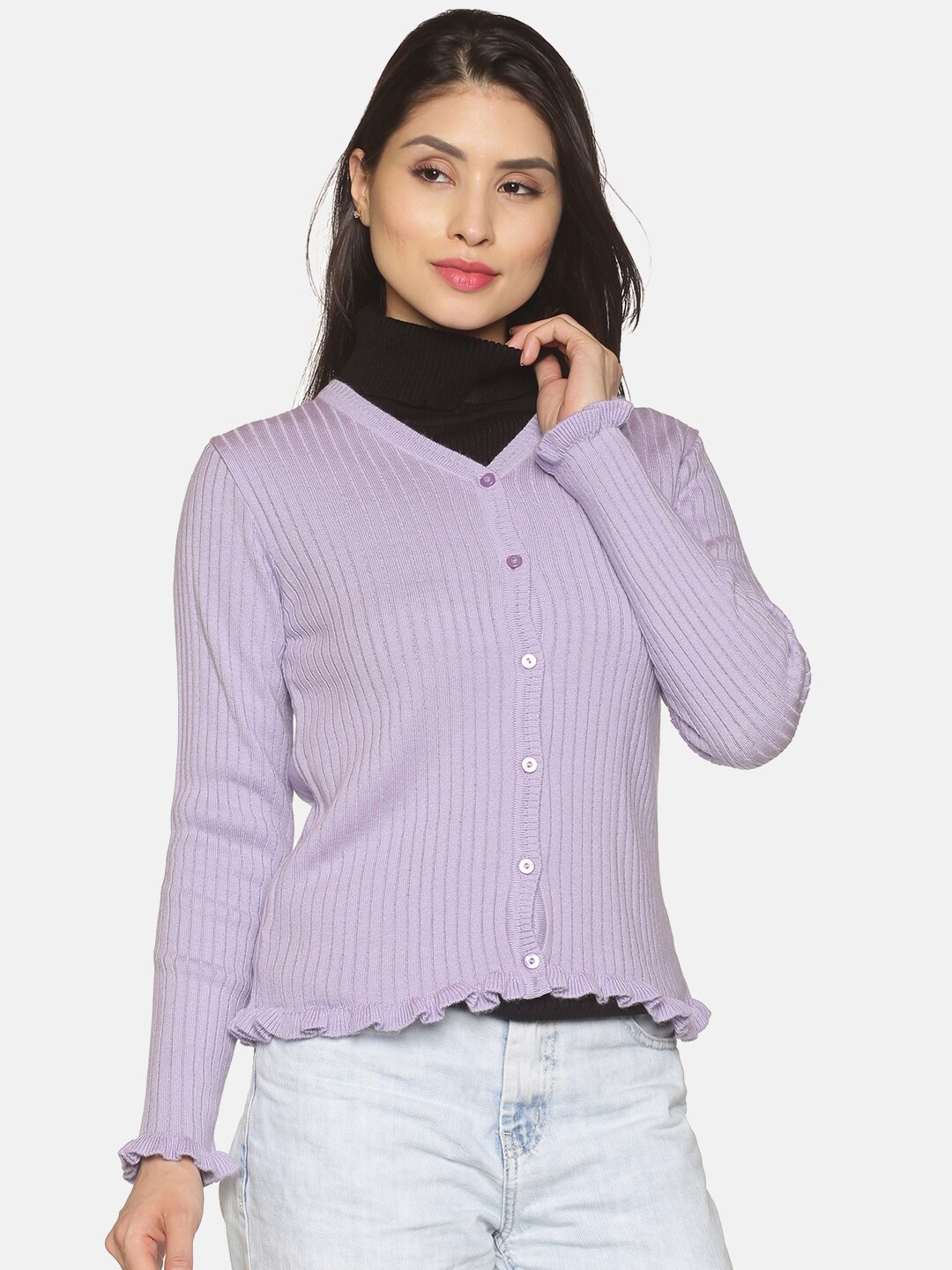 

BEVERLY BLUES Women Purple Ribbed Acrylic Cardigan