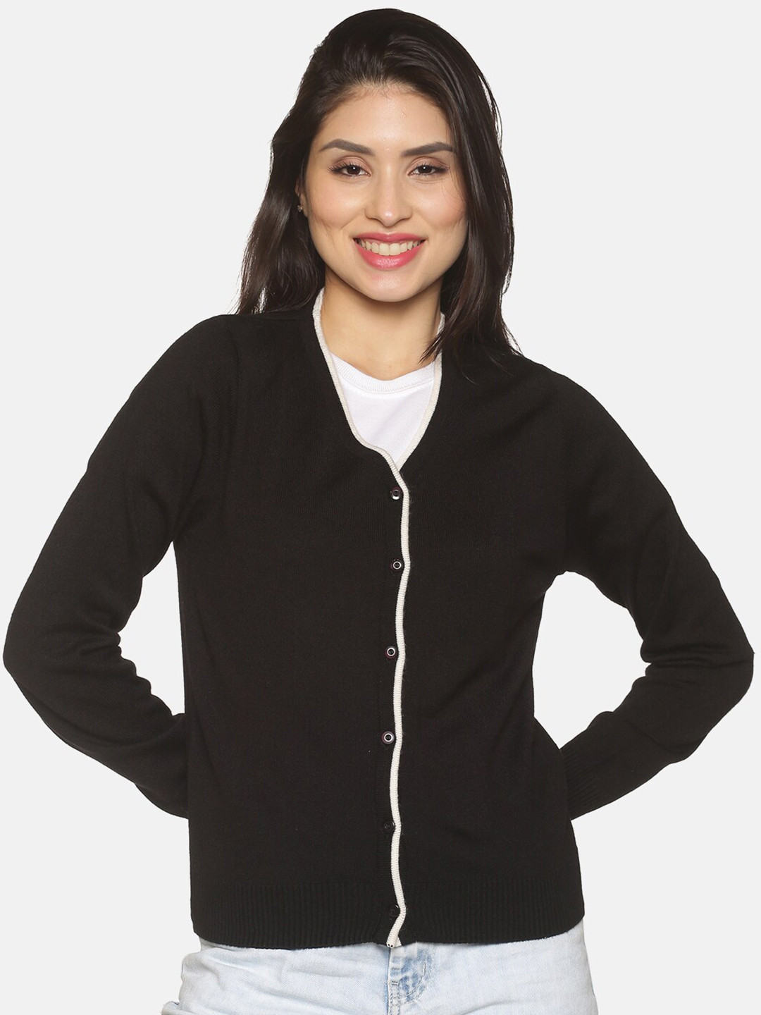 

BEVERLY BLUES Women Black Acrylic Cardigan Sweater