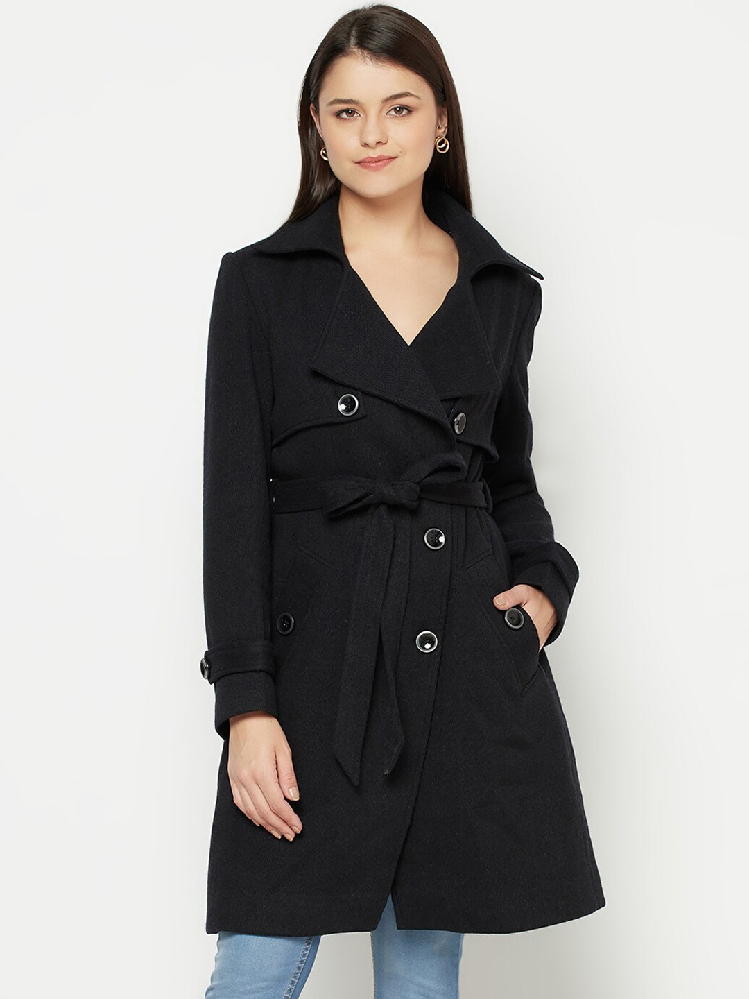 

Owncraft Women Black Solid Single-Breasted Overcoat