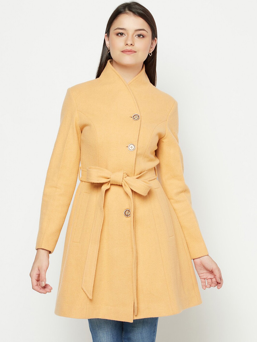 

Owncraft Women Peach Solid High Collar Wool Coat